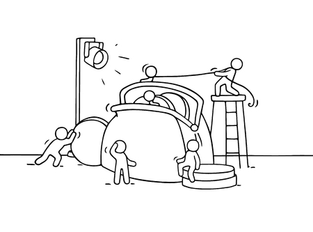 Sketch of working little people with purse. Doodle cute miniature scene of workers with many coins. Hand drawn cartoon illustration for business and finance design.のイラスト素材