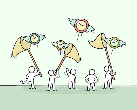 Sketch of working little people with flying clocks. Doodle cute miniature scene of workers trying to catch timer. Hand drawn cartoon vector illustration for business design.のイラスト素材