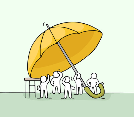 Sketch of crowd little people under umbrella. Doodle cute miniature scene of workers about safety.  Hand drawn cartoon vector illustration for business and social design.のイラスト素材