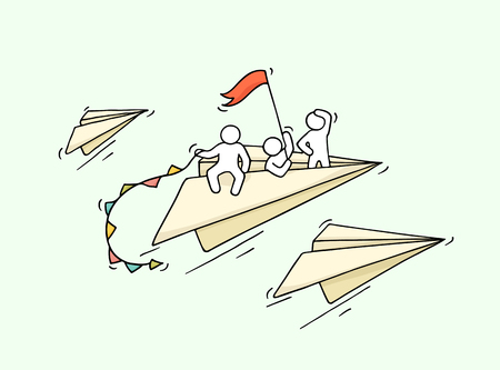 Sketch of flying paper plane with little workers. Doodle cute miniature about leadership and discovery. Hand drawn cartoon vector illustration for business and education design.のイラスト素材