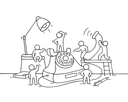 Cartoon working little people with big phone. Doodle cute miniature scene of workers make a call. Hand drawn cartoon vector illustration for business design.のイラスト素材