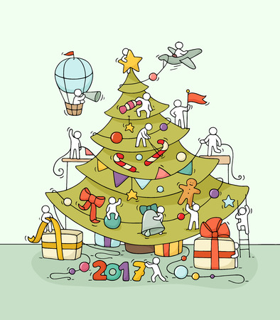 New Year Eve greeting placard. Cartoon doodle illustration with liitle people prepare to celebration. Hand drawn vector background with christmas tree, air balloon, tree toys, gifts, decorations.のイラスト素材