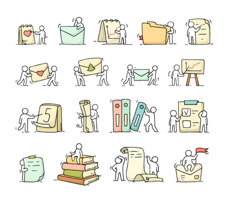 Paper objects set with working little people. Doodle cute miniature scenes of workers with stationery. Hand drawn cartoon vector illustration for business and school design.のイラスト素材