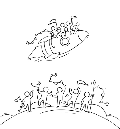 Cartoon happy little people with starting rocket. Doodle cute miniature scene of workers and spaceship. Hand drawn vector illustration.のイラスト素材