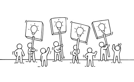Sketch of crowd little people wih lamp ideas. Doodle cute miniature scene of workers with transparents. Hand drawn cartoon vector illustration for business design and infographic.のイラスト素材