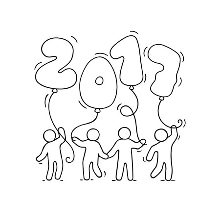 2017 Happy New Year background. Cartoon doodle illustration with liitle people holding balloons. Hand drawn vector illustration for celebration.のイラスト素材