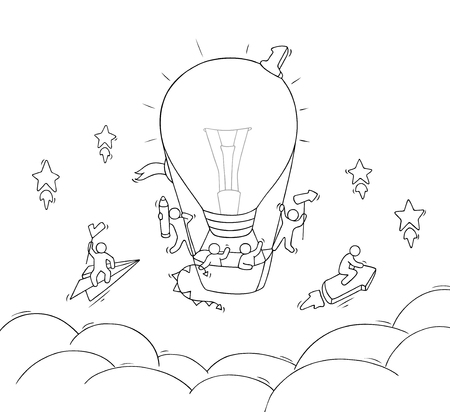 Cartoon little people fly in air. Doodle cute miniature scene of workers with air balloon form lamp idea. Hand drawn vector illustration for business design.