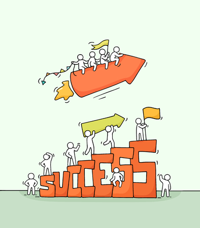 Sketch of working little people with arrow, word Success. Doodle cute miniature scene of workers. Hand drawn cartoon vector illustration for business design and infographic.のイラスト素材
