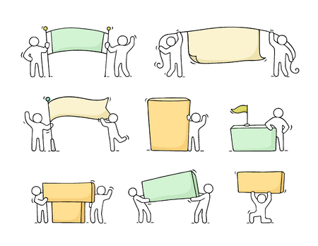 Cartoon set of sketch little people with blank spaces. Doodle cute workers with banners. Hand drawn vector illustration for business design.のイラスト素材