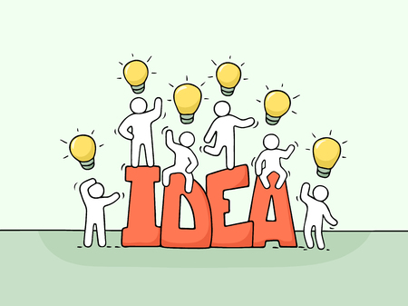 Cartoon working little people with word Idea and lamp ideas. Doodle cute miniature scene of workers about creativity. Hand drawn vector illustration for business design.のイラスト素材