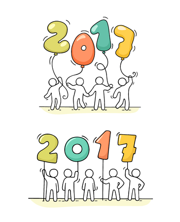 2017 Happy New Year background. Cartoon doodle illustration with little people holding numbers. Hand drawn vector illustration for celebration.のイラスト素材