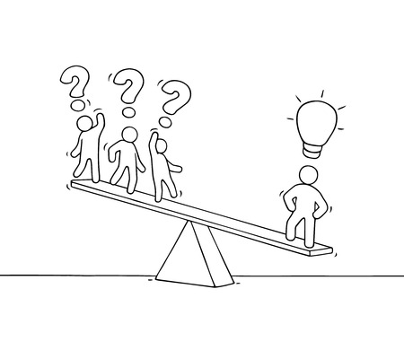 Sketch of working little people on the scale. Doodle cute miniature scene about individuality. Hand drawn cartoon vector illustration for business design.のイラスト素材
