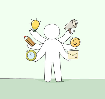 Cartoon businessman with many hands. Doodle cute scene about multitasking and workload. Hand drawn vector illustration for business design.のイラスト素材