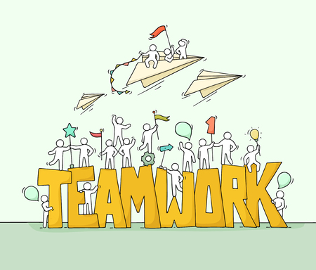 Sketch of working little people with big word Teamwork. Doodle cute miniature scene of workers and flying paper planes. Hand drawn cartoon vector illustration for business design.のイラスト素材