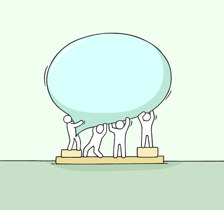 Crowd of working little people with speech bubble.のイラスト素材