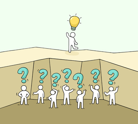 Cartoon working little people in the abyss. Doodle cute miniature scene of workers with question signs. Hand drawn vector illustration for business design and infographic.のイラスト素材