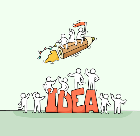 Sketch of working little people with flying pencil and big word Idea. Doodle cute miniature scene of creative workers. Hand drawn cartoon vector illustration for business design.のイラスト素材