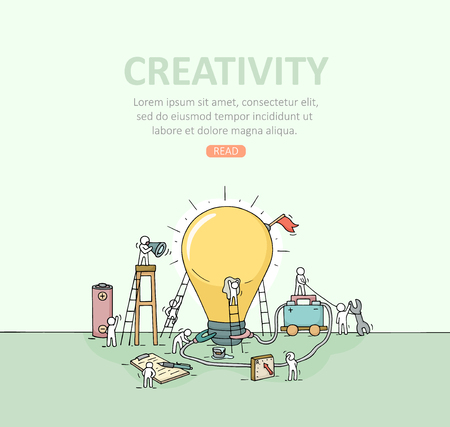 Backdrop with working little people, big lamp idea. Doodle illustration about creativity with space for text. Hand drawn cartoon vector for business template.のイラスト素材
