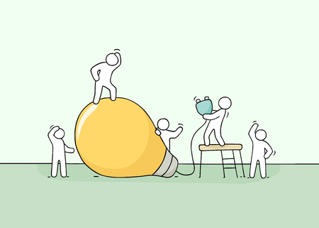 Doodle cute miniature scene of workers with lamp idea. Sketch concept about creative. Hand drawn cartoon vector illustration for business design.のイラスト素材