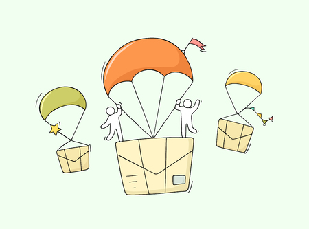Doodle cute miniature scene of workers with flying letters. Sketch concept about delivery and post. Hand drawn cartoon vector illustration for business design.のイラスト素材