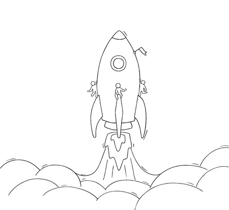Sketch of little people with flying rocket. Doodle cute miniature scene of workers about start up. Hand drawn cartoon vector illustration for business design.のイラスト素材