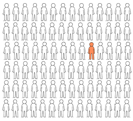 Cartoon working  little people stand in a row. Doodle cute scene of workers about individuality. Hand drawn vector illustration for business design.