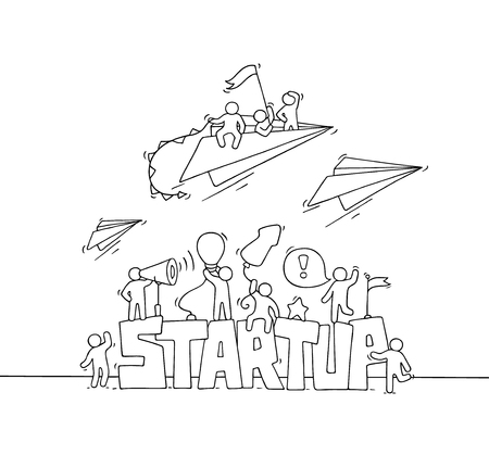 Sketch of working little people with fly paper plane, word Startup. Doodle cute miniature scene of workers. Hand drawn cartoon vector illustration for business design and infographic.のイラスト素材