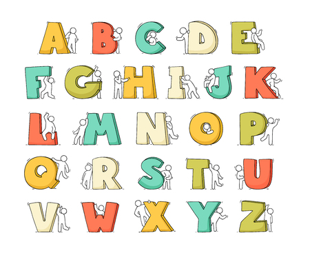 Cartoon icons set of sketch little people with letters. Doodle cute workers with alfabet. Hand drawn vector illustration for education design.のイラスト素材