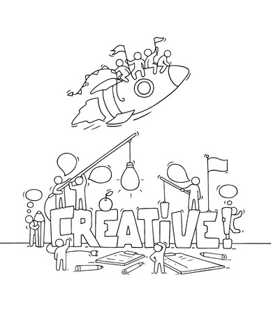 Sketch of working little people with fly rocket, word Creative. Doodle cute miniature scene of workers. Hand drawn cartoon vector illustration for business design.のイラスト素材