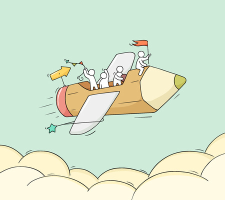 Sketch of working little people with flying pencil. Doodle cute miniature scene of creative workers. Hand drawn cartoon vector illustration for business design and infographic.のイラスト素材