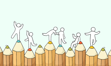 Sketch of working little people with pencils. Doodle cute miniature scene of workers about education. Hand drawn cartoon vector border for school business design.のイラスト素材