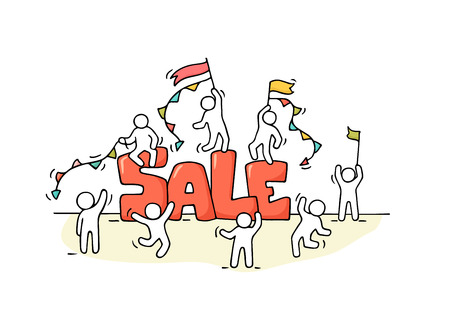 Sketch of working little people with word sale. Doodle cute miniature scene of workers preparing for the shopping. Hand drawn cartoon vector illustration.のイラスト素材