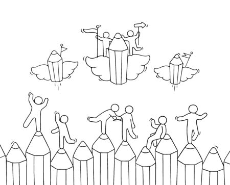Sketch of working little people with pencils. Doodle cute miniature scene of workers about education. Hand drawn cartoon vector border for school business design.のイラスト素材