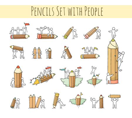 Pencils set with working little people. Doodle cute miniature scenes of workers with stationery. Hand drawn cartoon vector illustration for business and school design.のイラスト素材