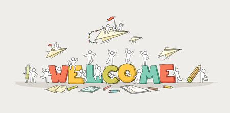 Crowd of working little people with big letters. Doodle cute miniature scene with message Welcome. Hand drawn cartoon vector illustration for internet design.のイラスト素材