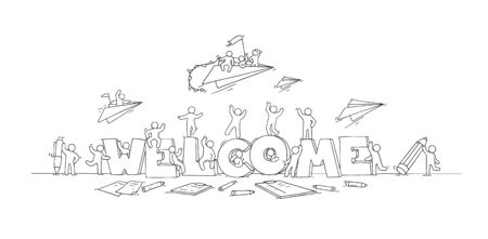 Crowd of working little people with big letters. Doodle cute miniature scene with message Welcome. Hand drawn cartoon vector illustration for internet design.のイラスト素材