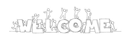 Crowd of working little people with big letters. Doodle cute miniature scene with message Welcome. Hand drawn cartoon vector illustration for internet design.のイラスト素材