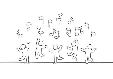 Cartoon people dancing with flying notes.のイラスト素材