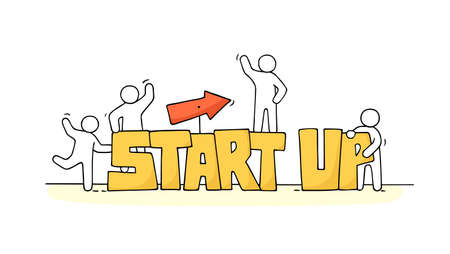 Sketch of working little people with word Startup. Doodle cute miniature scene of workers. Hand drawn cartoon vector illustration for business design and infographic.のイラスト素材