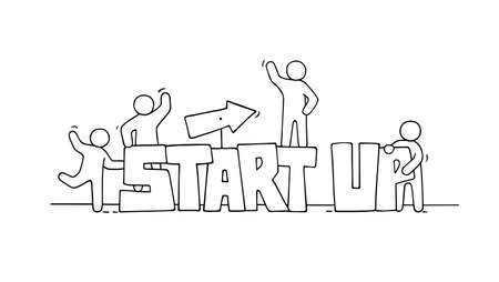 Sketch of working little people with word Startup. Doodle cute miniature scene of workers. Hand drawn cartoon vector illustration for business design and infographic.のイラスト素材