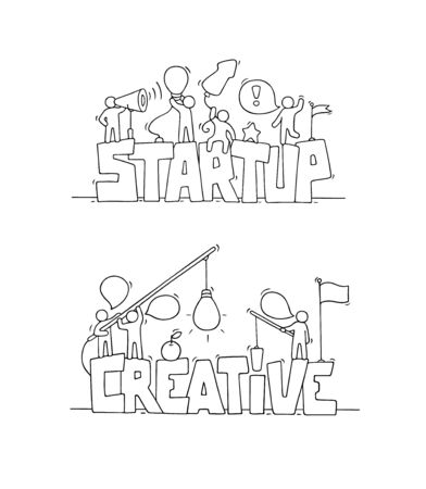 Cartoon working little people with word Startup and Creative. Doodle cute miniature scene of workers about creativity. Hand drawn cartoon vector illustration for business design.のイラスト素材