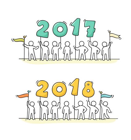2017 and 2018 Happy New Year background. Cartoon doodle illustration with liitle people prepare to celebration. Hand drawn vector illustration. のイラスト素材