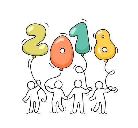 2018 Happy New Year background. Cartoon doodle illustration with liitle people holding balloons. Hand drawn vector illustration for celebration. のイラスト素材