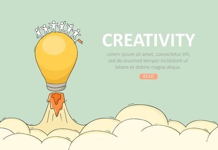 Business temblate with launch lightbulb. Doodle cute miniature scene about creativity. Hand drawn cartoon vector illustration.のイラスト素材
