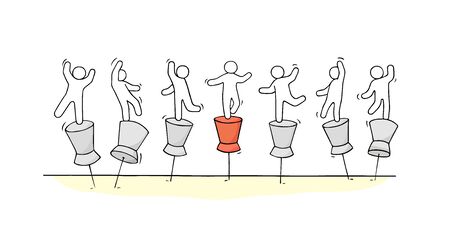 Sketch of little people standing on push pins. Doodle cute miniature concept with office supplies. Hand drawn cartoon vector illustration.のイラスト素材