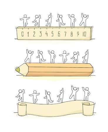Sketch of little people standing on stationery. Doodle cute miniature scene with office supply. Hand drawn cartoon vector illustration.のイラスト素材