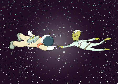 Sketch of astronaut and alien. Doodle cute scene about first contact. Hand drawn cartoon vector illustration for science design.のイラスト素材