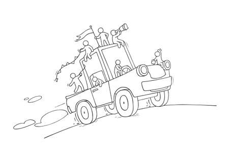 Sketch of little people travel on big car. Doodle cute miniature scene about weekend. Hand drawn cartoon vector illustration for vacation design.のイラスト素材