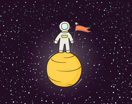 Sketch astronaut with flag. Doodle cute scene about space reseach. Hand drawn cartoon vector illustration for science design.のイラスト素材