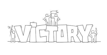 Sketch of little people with word Victory. Doodle cute miniature scene about leadership. Hand drawn cartoon vector illustration.のイラスト素材